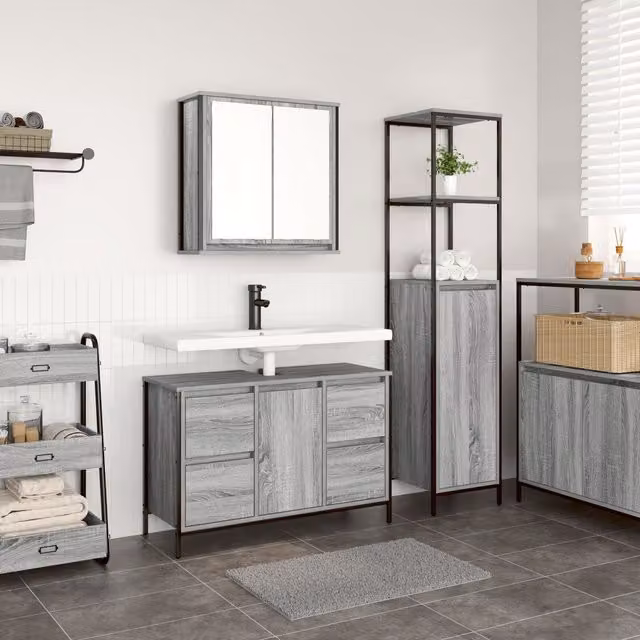 Berkfield Home 2 Piece Modern Grey Bathroom Furniture Set with Vanity Unit and Internal Shelves – 1