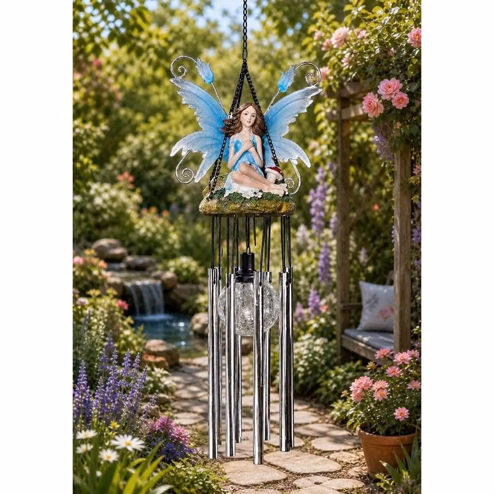NESTLUNE Blue and Silver Solar Powered LED Fairy Wind Chime with Dusk Sensor – 2