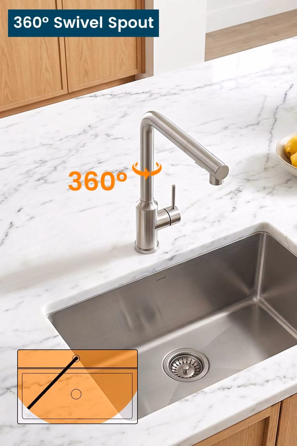 JANLEMNY Stainless Steel Kitchen Mixer Tap with 360 Degree Swivel Spout and Spray Function in Brushed Silver, W: 100 cm, D: 40 cm – 2