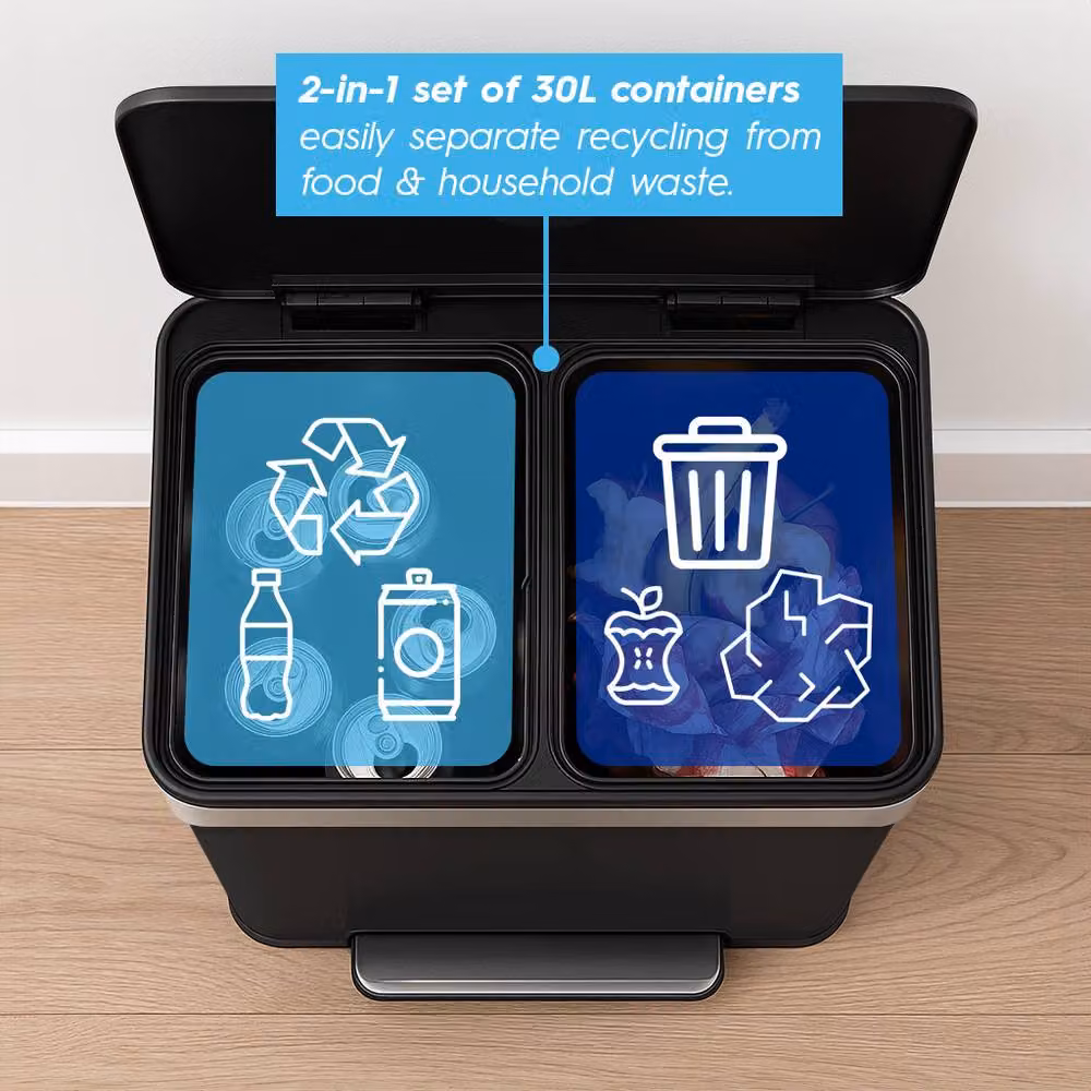 Harbour Housewares 60L Double Kitchen Pedal Bin in Black Stainless Steel (2 x 30L) with Soft Close and Removable Inner Buckets – 3