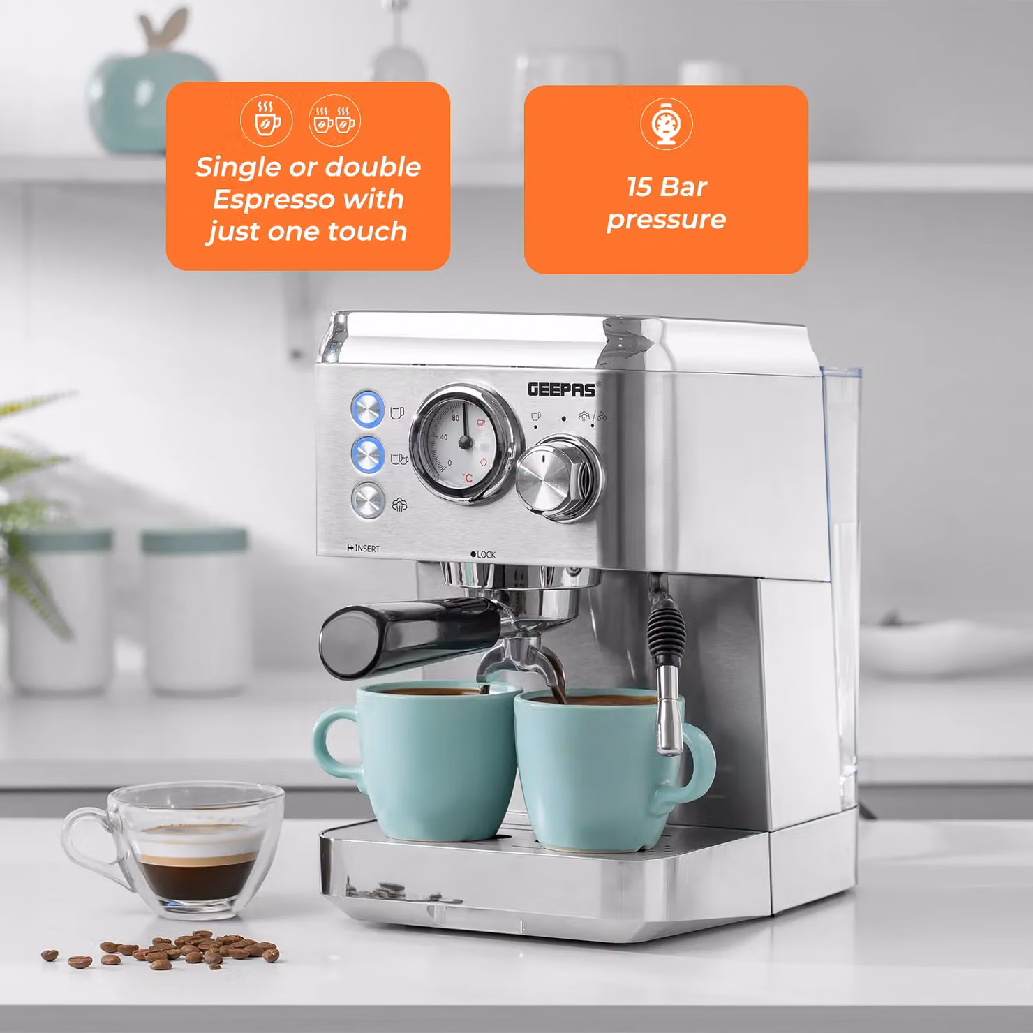 Geepas Espresso and Cappuccino Coffee Machine with Integrated 450W Coffee Grinder Set in Silver and Black – 2