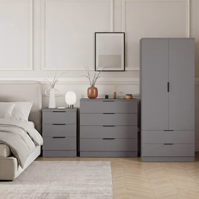 HD Designs Trega 3-Piece Grey Bedroom Set Including 3-Drawer Bedside Cabinet, 4-Drawer Chest and Wardrobe