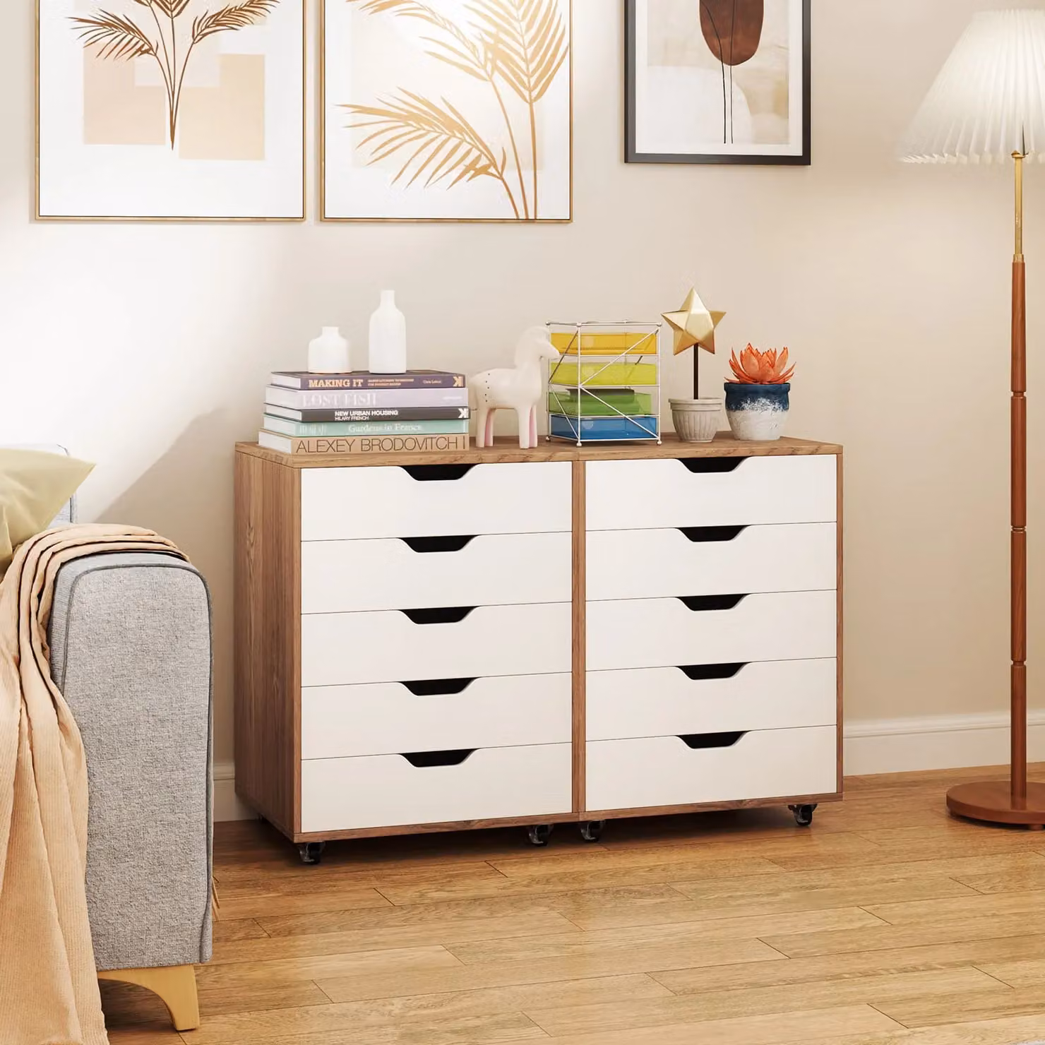 Costway 5 Drawer Rolling Dresser Storage Cabinet with Lockable Wheels in Sand – 4