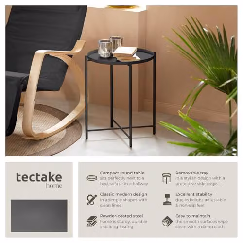 tectake Round Side Table in Black Minimalist Design with Height-Adjustable Feet, W/D/H: 45.5 x 45.5 x 53 cm – 3