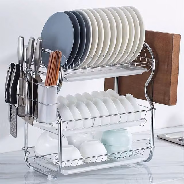 Lifeideas 3-Tier Kitchen Dish Drainer with Drip Tray in Silver