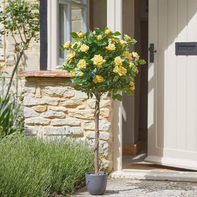 mysmartbuy Artificial Regents Rose Tree in Pot, Yellow Faux Potted Plant, H 120 cm x W 52 cm x D 52 cm – 1