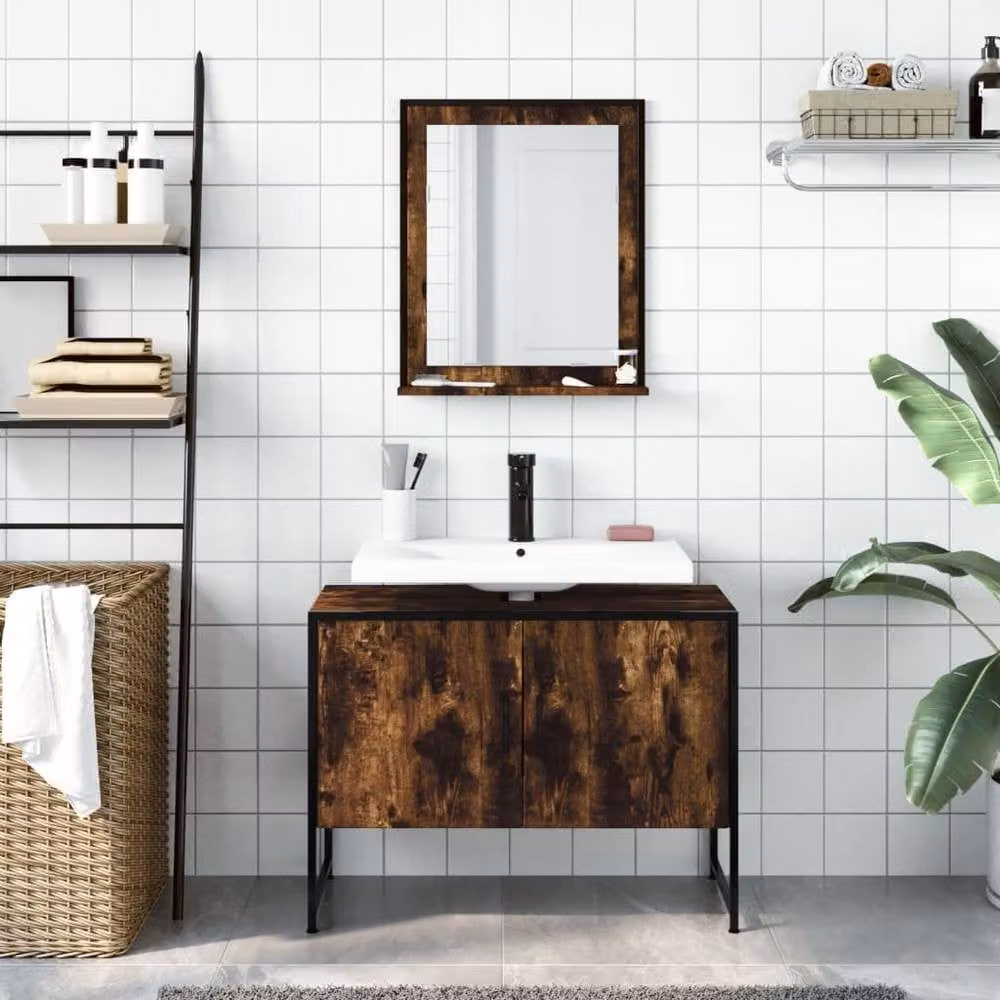 Berkfield Home 2 Piece Bathroom Cabinet Set in Smoked Oak Brown with Mirror Cabinet and Vanity Unit – 3