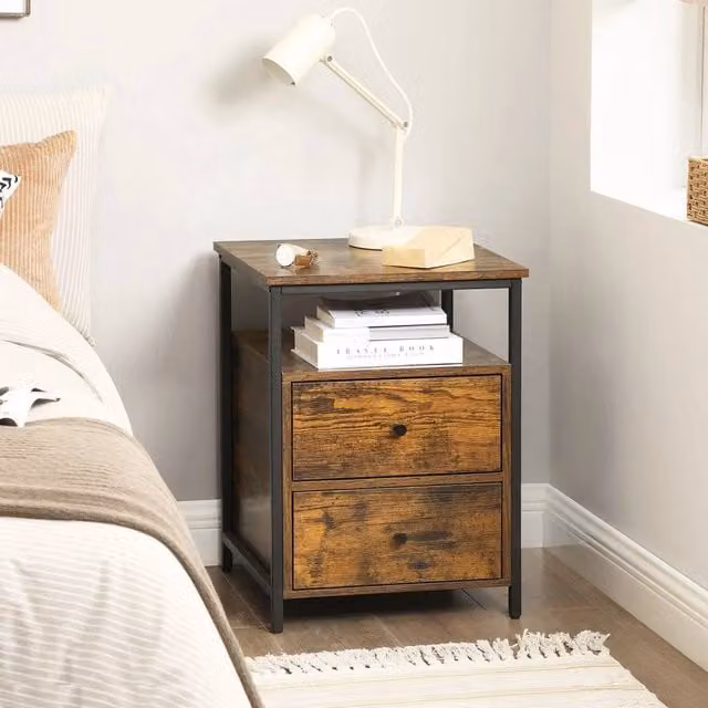 KORVIXA Industrial Nightstand Bedside Table in Brown and Black