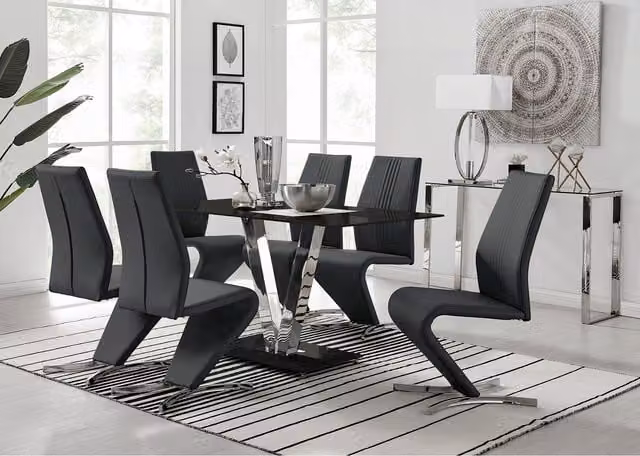 FurnitureboxUK Florini Black Glass and Chrome Metal Dining Table and 6 Modern Willow Chairs Set - Black
