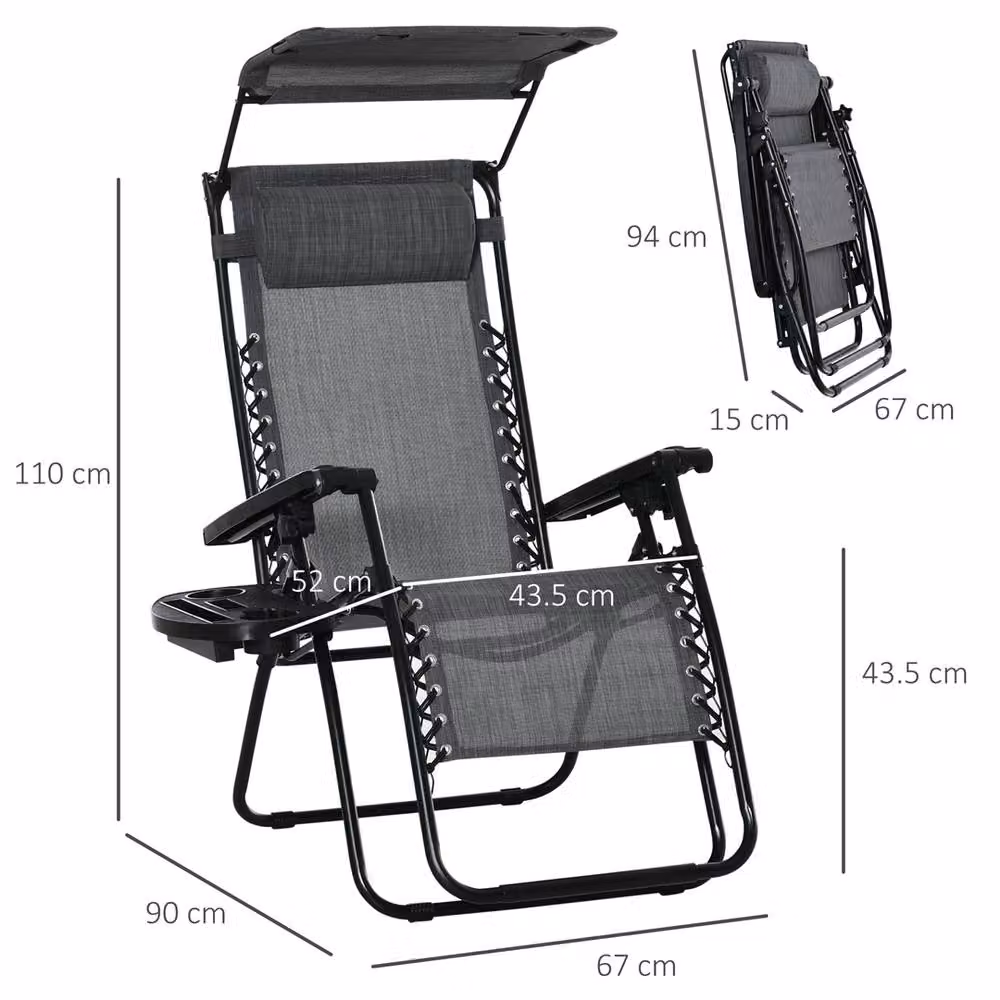 FLAVORA Grey Zero Gravity Garden Folding Patio Sun Lounger with Adjustable Headrest and Side Tray – 4