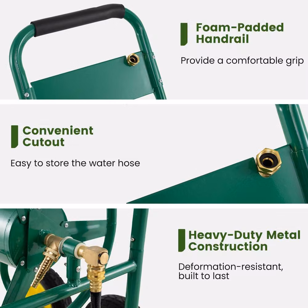 Costway Green Metal 4-Wheel Garden Hose Reel Cart and Water Hose Organiser – 7