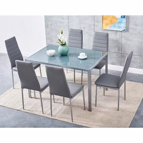 KOSY KOALA Grey Glass Dining Table Set with 6 Grey Faux Leather Chairs – 1