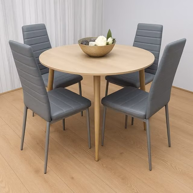 Kosy Koala Modern Round Dining Table and 4 Chairs Set in Brown, Grey and Beige – 1