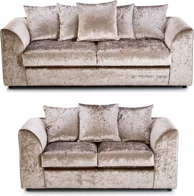Furnishings For Less UK Crystal Crushed Velvet 3 and 2 Seater Sofa Set in Beige with Scatter Cushions and Curved Arms – 1