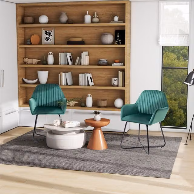 HOMCOM Set of 2 Modern Velvet Upholstered Accent Armchairs with Metal Base in Green – 1