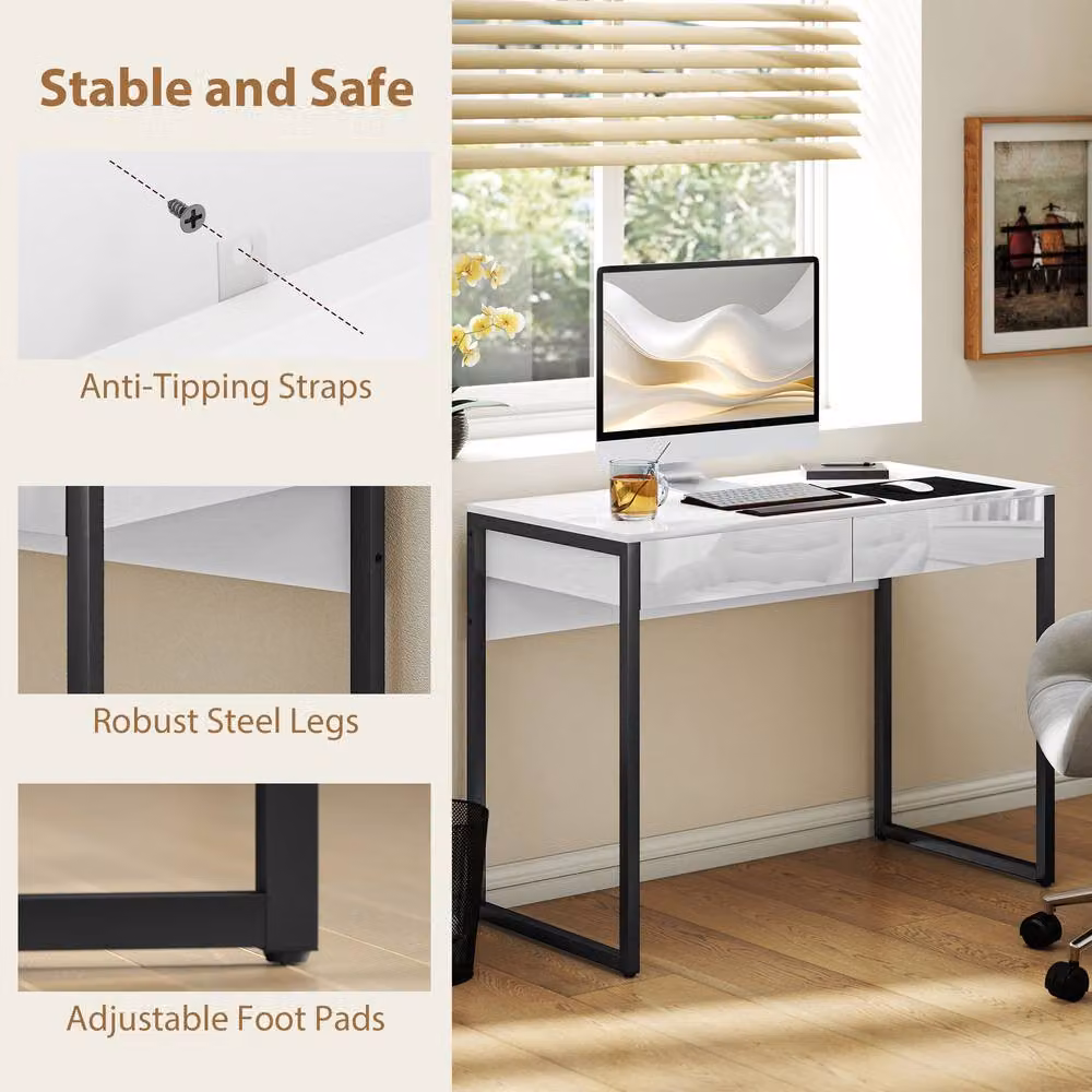 Rolipo Modern High Gloss Writing Desk with Drawers in White – 4
