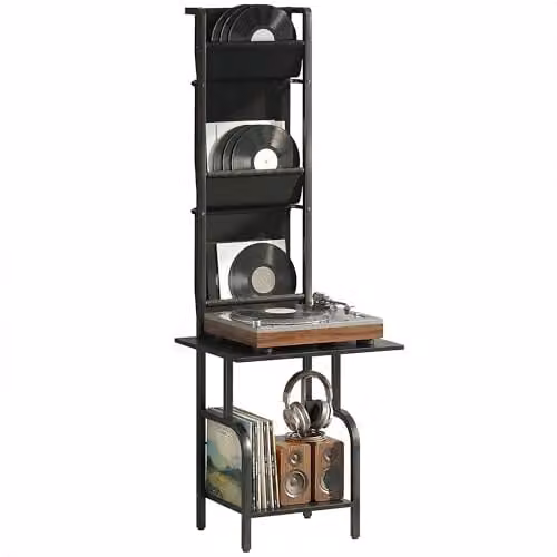 HOMCOM Industrial Vinyl Record Player Stand with Media Compartments, Black, W: 48.5 cm, D: 48.5 cm, H: 144.0 cm – 1