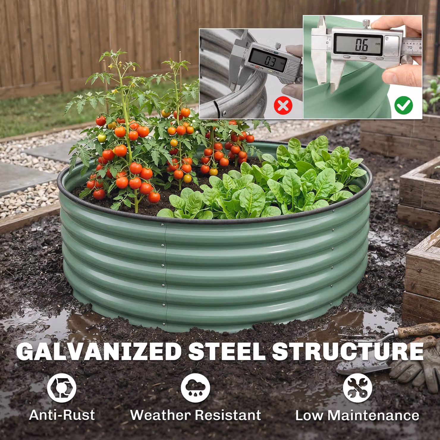 Outsunny Galvanised Steel Raised Garden Bed with Safety Edging in Light Green, W/D/H: 120 x 120 x 43 cm – 5
