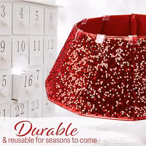 Deco Express Red Sequin Christmas Tree Skirt, Round Textile Base Cover, Diameter: 68 cm – 5
