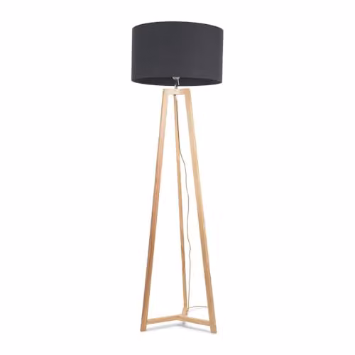ValueLights Lottie Natural Wood Tripod Floor Lamp with Grey Fabric Drum Shade, H 148 cm x W 45 cm x D 45 cm