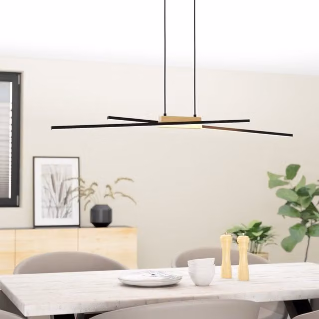 Eglo Panagria Modern Wood and Black Metal Suspended Pendant Light, Brown