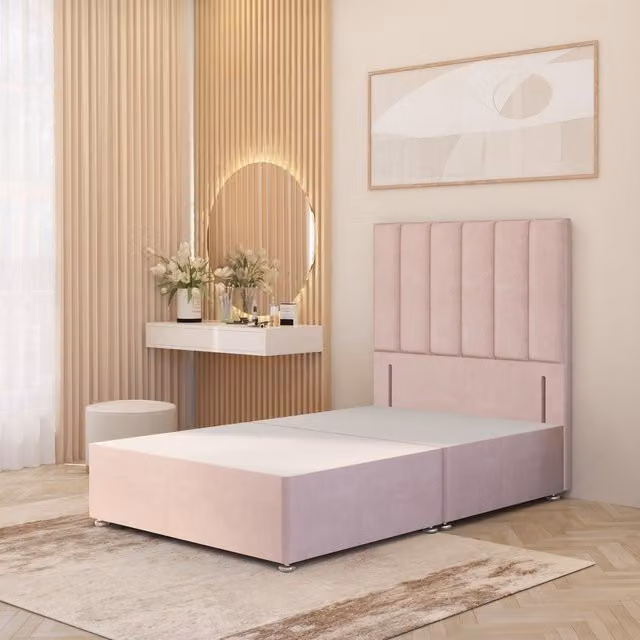 Somnior Beds Ltd Austin Velvet Divan Bed Base with Drawers and Floor Standing Headboard, Pink, W/D/H: 180 x 200 x 34.5 cm