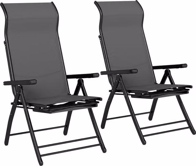Outsunny Set of 2 Reclining Garden Chairs in Dark Grey with 5-Position Folding Sun Loungers, High Back, Retractable Footrest and Armrests