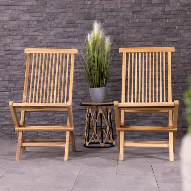 Charles Bentley Pair of Classic Untreated Teak Wood Folding Garden Patio Chairs in Brown, H 95 x W 41 x D 37 cm