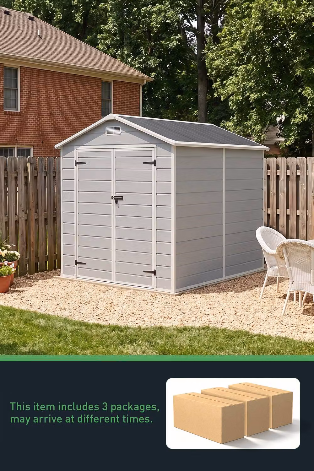 Living and Home Grey Plastic and Aluminium Outdoor Garden Storage Shed with Double Doors and Gable Roof, W: 182.88 cm, D: 244.5 cm, H: 218.0 cm – 4
