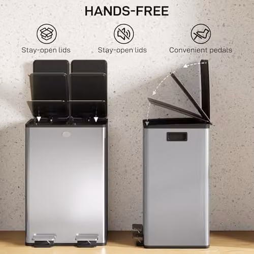 HOMCOM Dual Kitchen Pedal Bin with Soft Close Lids and Odour Filter, 2 x 28L, Silver Stainless Steel – 5