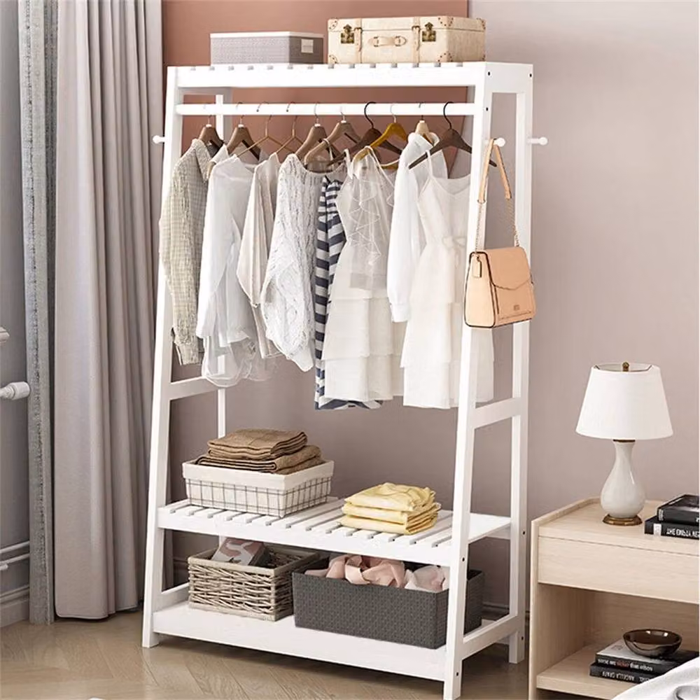 NESTLUNE White Heavy Duty Bamboo Garment Rack with Dual Hook and Rail Matrix – 3
