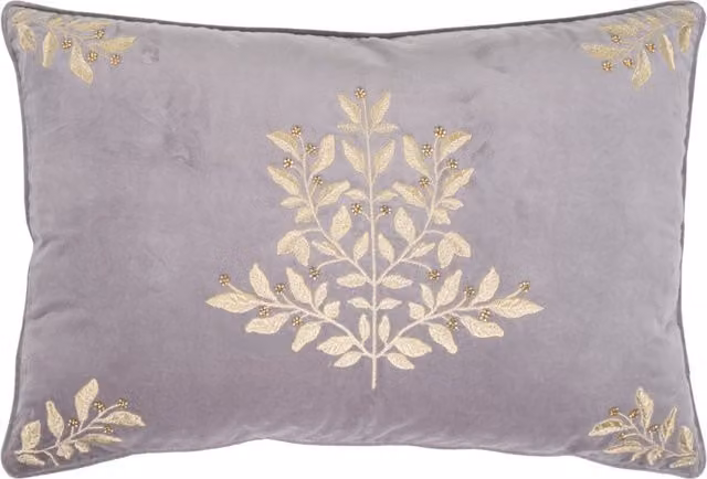 Divante Phaedra Rectangular Plush Embroidered Floral Cushion in Grey and Gold