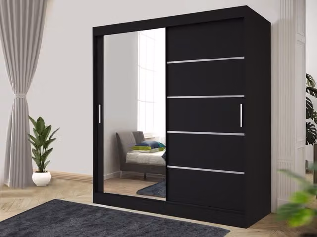 RAC3 Modern Grey and Black Sliding Door Wardrobe with Mirror and Integrated Drawers, Height: 203 cm