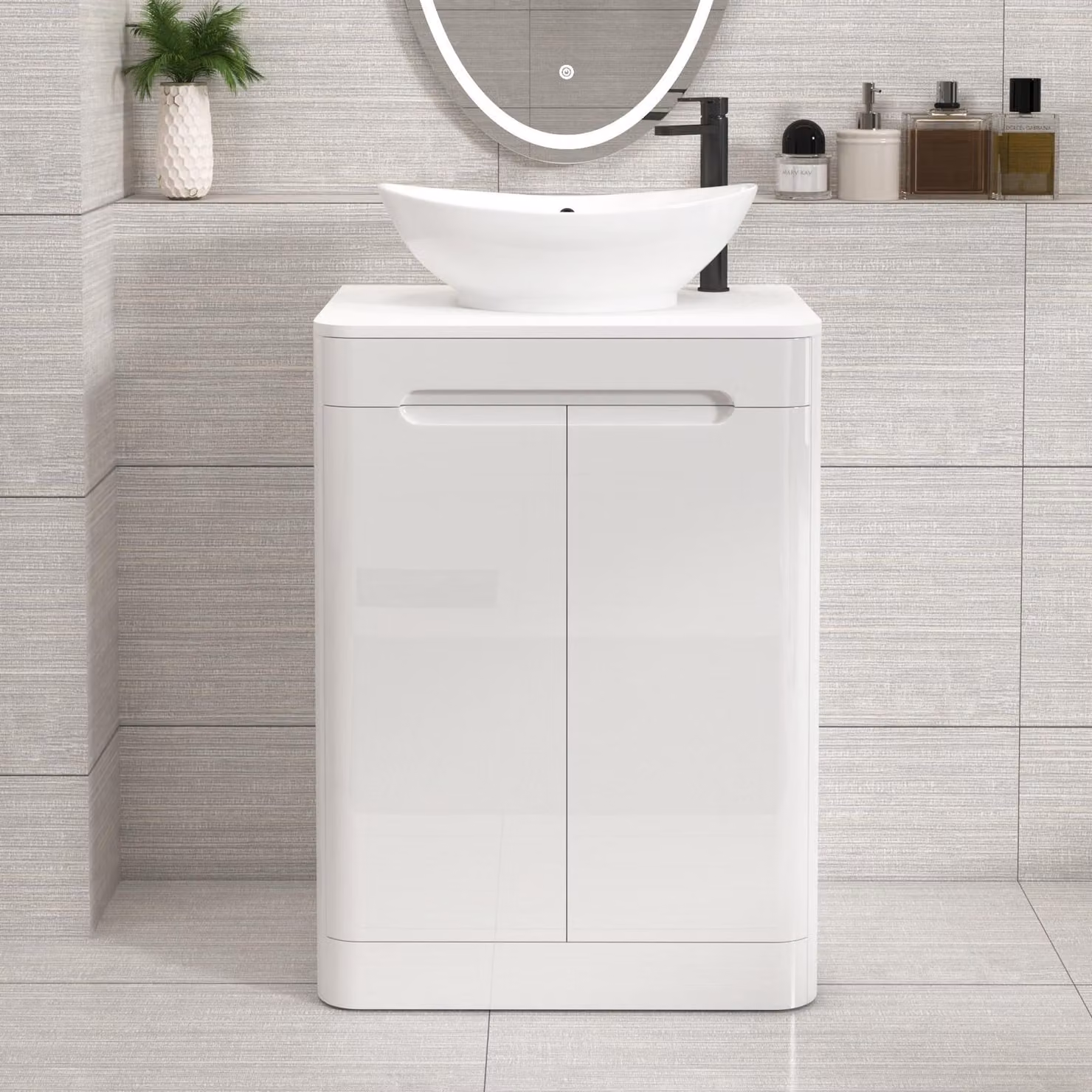 Royal Bathrooms Venice 600mm Gloss White Floor Standing 2 Door Vanity Unit with Plain White Worktop and Amaze Basin