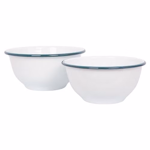 Argon Tableware 2 Piece White Enamel Nesting Mixing Bowl Set with Green Rim, 1.6 l and 1.1 l