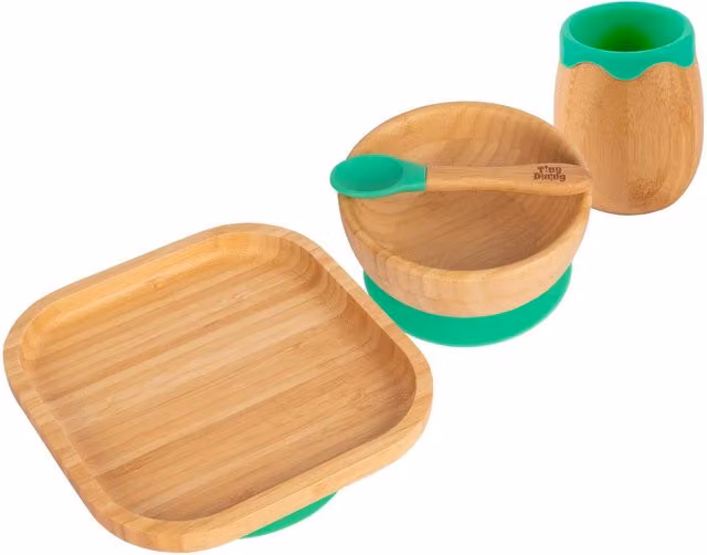 Tiny Dining 4-Piece Square Bamboo and Silicone Suction Baby Feeding Set in Green
