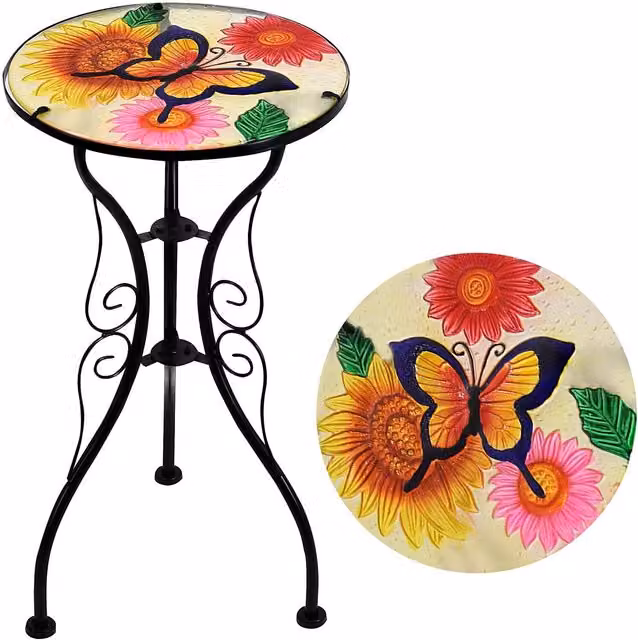 GEEZY Round Mosaic Garden Coffee Table with Floral and Butterfly Design in Black and Multicolour