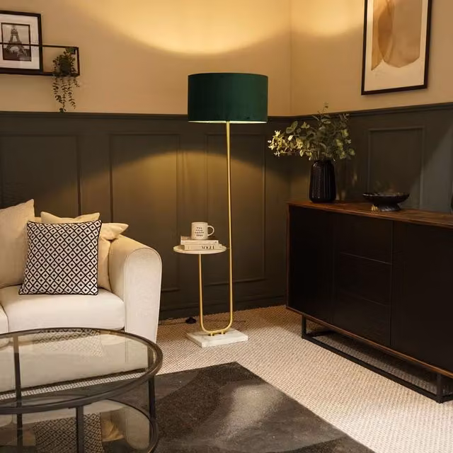ValueLights Tavel Brushed Gold Floor Lamp with Bottle Green Velvet Shade