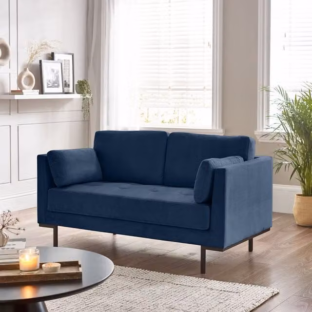 Furniturebox Evelyn 2 Seater Navy Blue Velvet Fabric Sofa