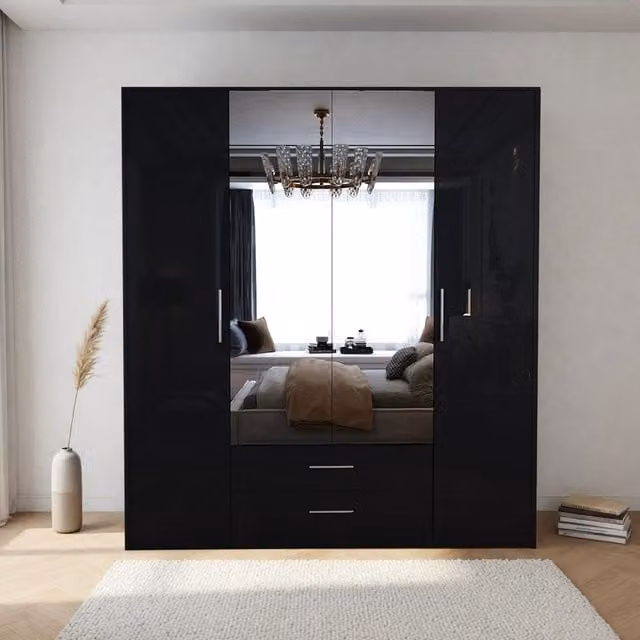 Swindon Gloss Black 4 Door Wardrobe with Mirror and Internal Shelving, Width: 180 cm