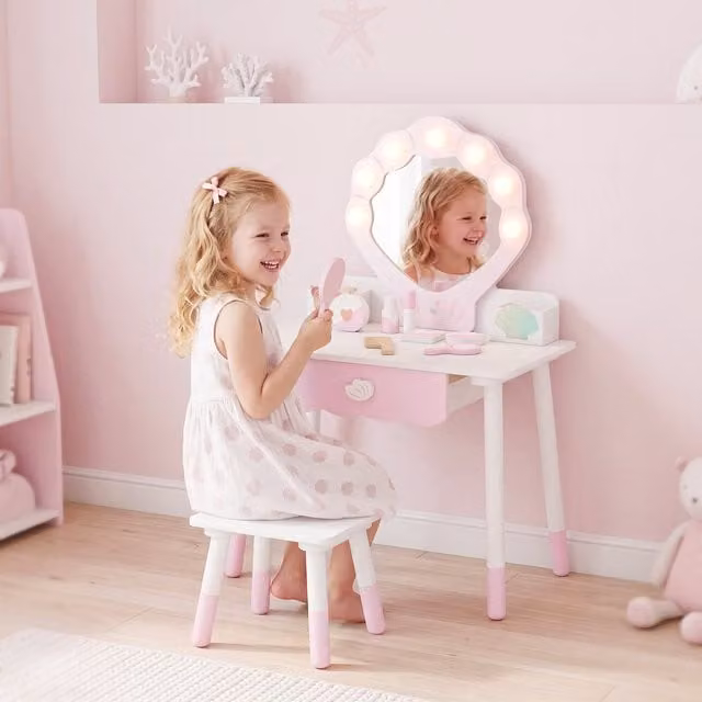 AIYAPLAY Kids Vanity Set with Hollywood LED Lighted Bulbs and 7 Accessories in Pink and White