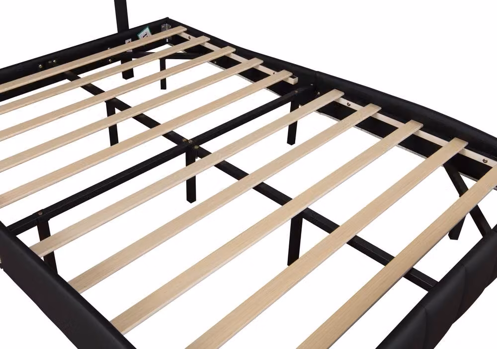 Harmin Sleek LED Upholstered Floating Design Faux Leather Double Bed Frame in Black, W: 140 cm, L: 200 cm – 3