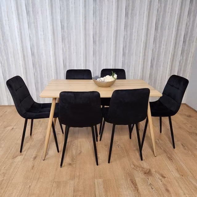 Kosy Koala Oak Rectangular Kitchen Dining Table with 6 Black Velvet Tufted Chairs Set