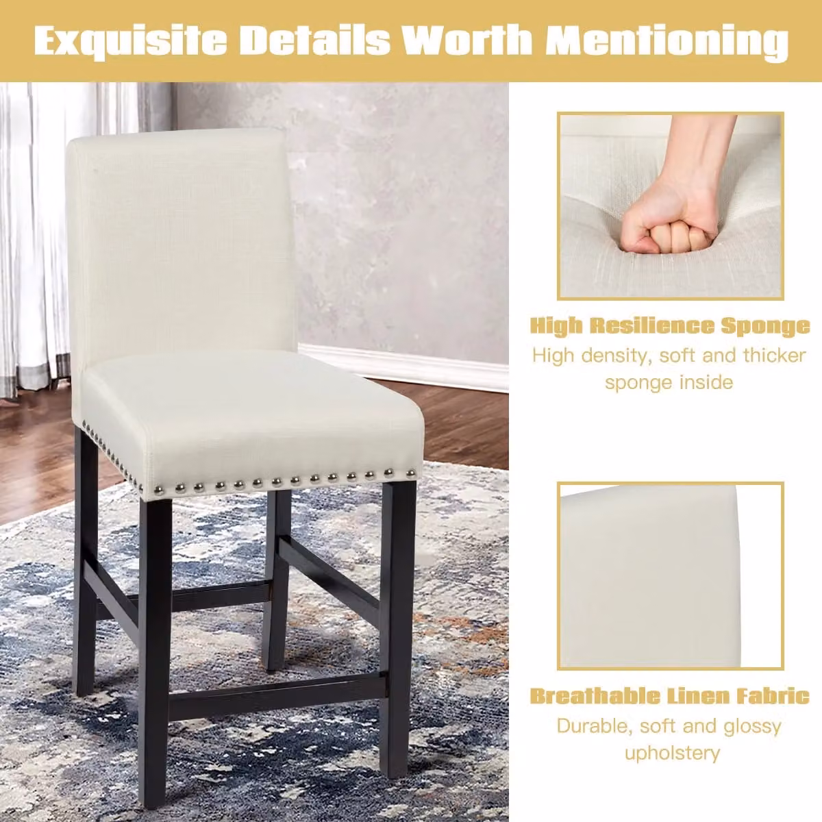Costway Set of 2 Beige Upholstered Counter Height Bar Stools with Low Backrest and Wide Fabric Seats – 4