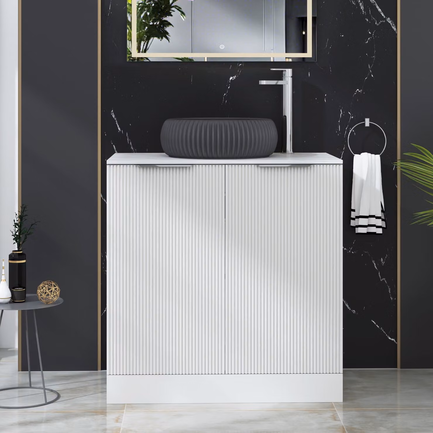 Royal Bathrooms Evora 800mm Matt White Fluted Floor Standing 2 Door Vanity Unit with Milan Black Stone Basin