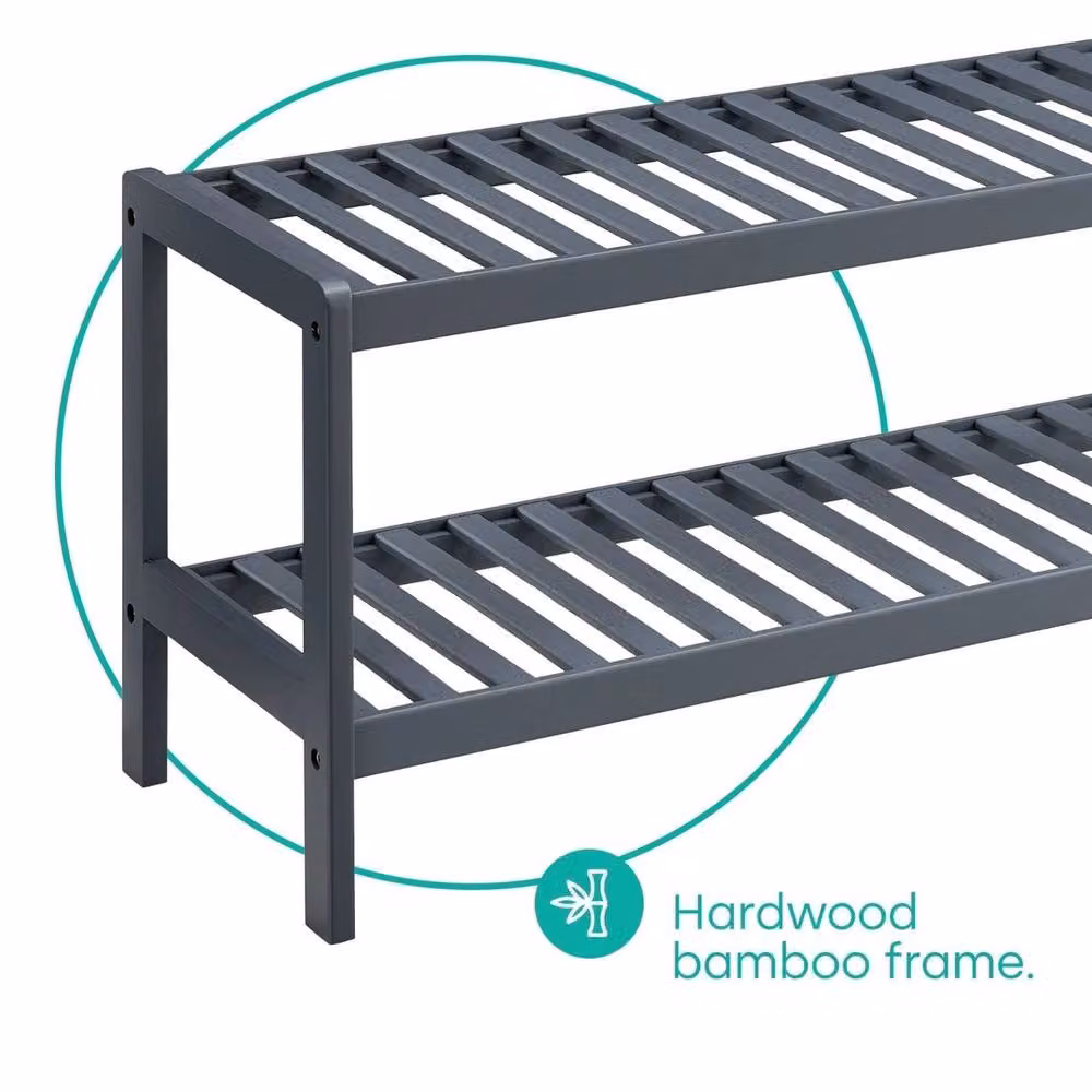 NESTLUNE Grey Bamboo 2 Tier Shoe Rack Storage Bench for Hallway, Bedroom or Bathroom, W: 100 cm, D: 15 cm – 3