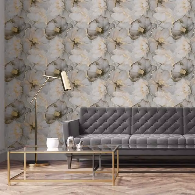 Muriva Bliss Floral Botanical Wallpaper in Grey, Pink and Gold