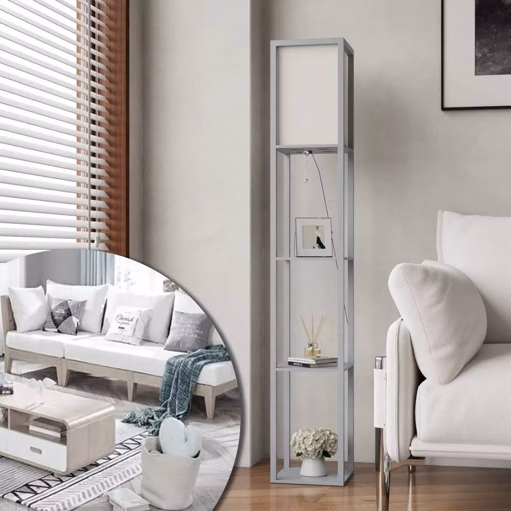 Kelvenix Grey Wood Floor Lamp with 3-Tier Storage, H: 160 cm – 3