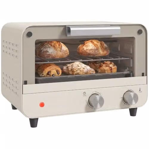 HOMCOM 12L Multifunction Mini Countertop Oven with Grill, Timer and Glass Door, White/Beige