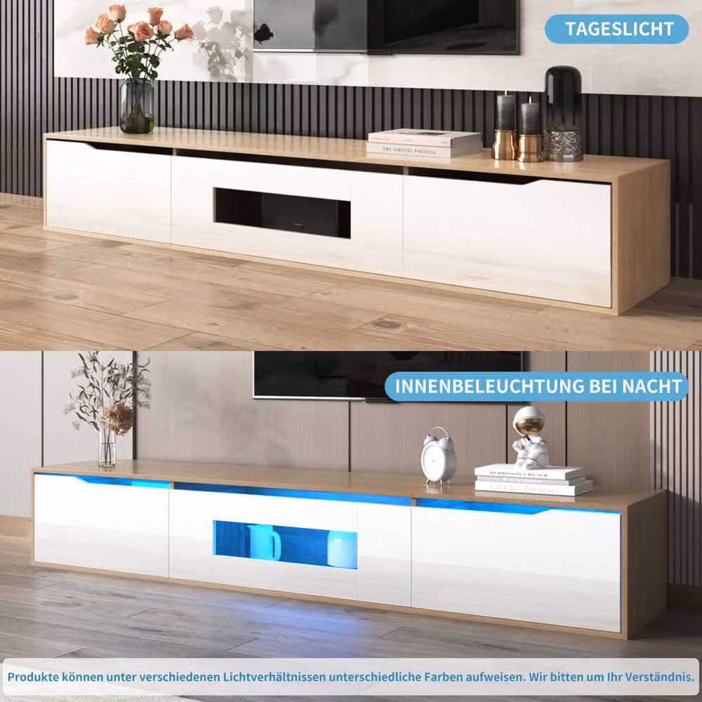HomeTouch Modern Floating High Gloss TV Unit with Wood Top and LED Lights in White – 2